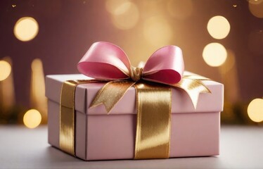 Fototapeta premium Christmas gift box with pink bow and decoration on bokeh background