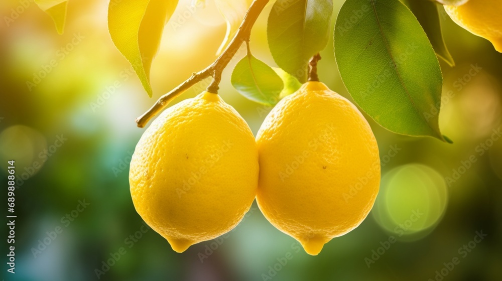 Aufkleber a pair of lemons with a defocussed natural backdrop hanging on a branch - ai generative