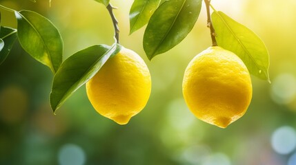 A pair of Lemons with a defocussed natural backdrop hanging on a branch - AI Generative