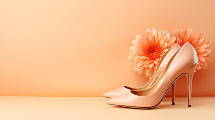 A pair of nude colored high heeled shoes next to a flower, peach fuzz, color of the year 2024, monochromatic image