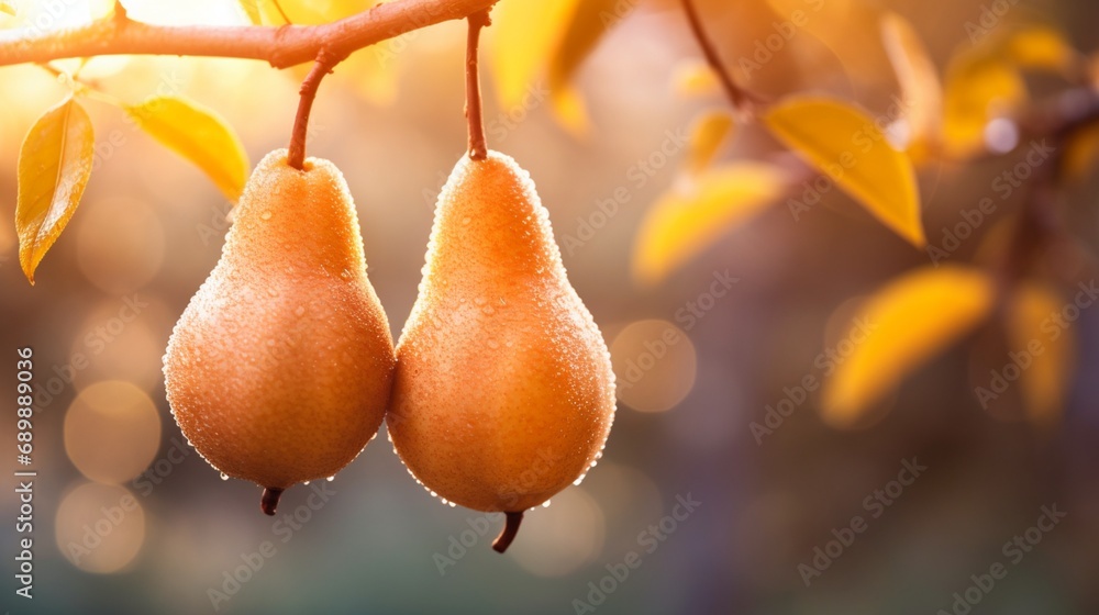 Poster a pair of peers with a defocussed natural backdrop hanging on a branch - ai generative