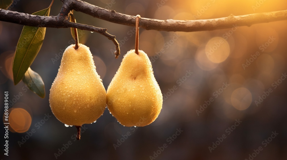 Poster a pair of peers with a defocussed natural backdrop hanging on a branch - ai generative