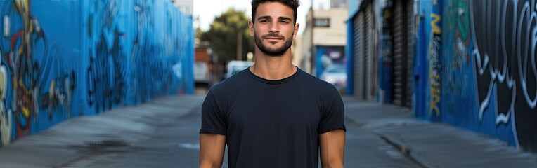 Fototapeta premium Man in a blue T-shirt against the background of the city