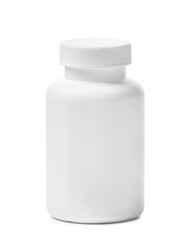 White plastic bottle for pills, vitamin, nutritional supplements on a white background.