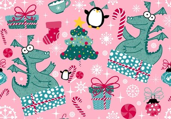 Christmas tree seamless dragon and gift box and balls and penguin pattern for wrapping paper and fabrics