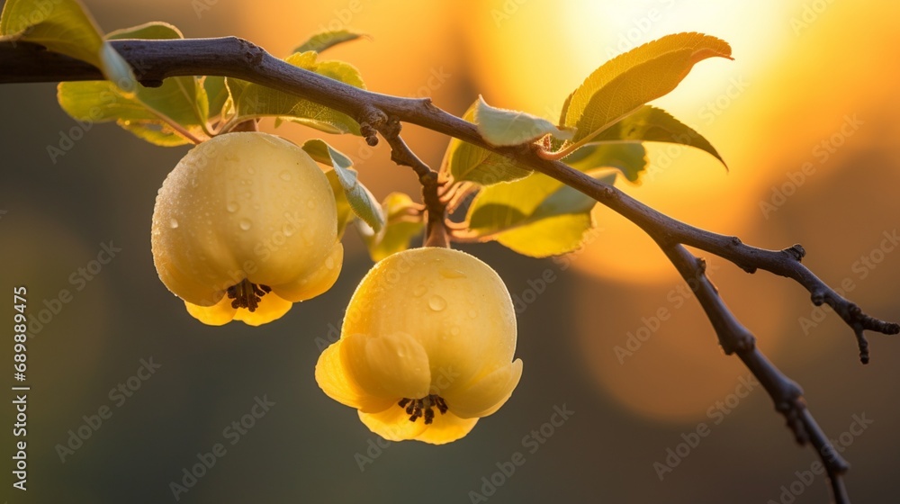 Poster a pair of quinces with a defocussed natural backdrop hanging on a branch - ai generative