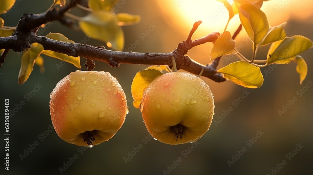 Poster a pair of quinces with a defocussed natural backdrop hanging on a branch - ai generative