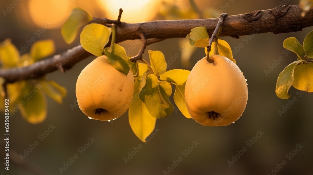 Poster a pair of quinces with a defocussed natural backdrop hanging on a branch - ai generative