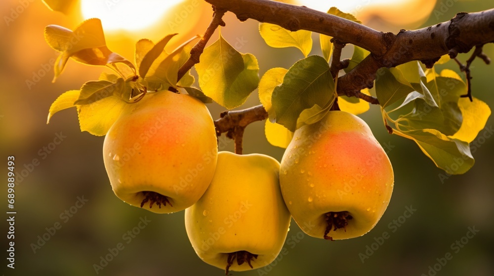 Poster a pair of quinces with a defocussed natural backdrop hanging on a branch - ai generative