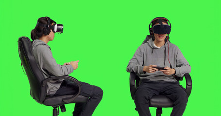 Person plays videogames with vr glasses and phone, participating in online multiplayer competition...