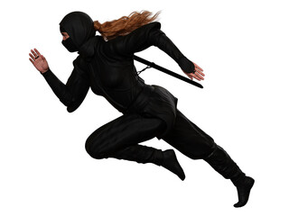 A red-haired female ninja running. Side view. Traditional ninja style. 3D Illustration.