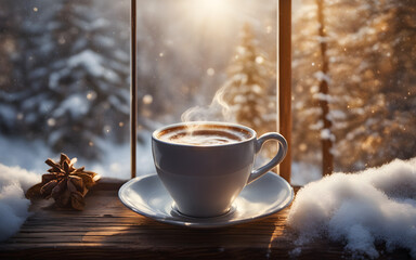 Closeup of a steaming cup of coffee  on a wooden windowsill with a snowy winter forest outside, cozy evening concept