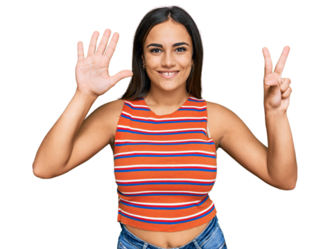Young brunette woman wearing casual clothes showing and pointing up with fingers number eight while smiling confident and happy.