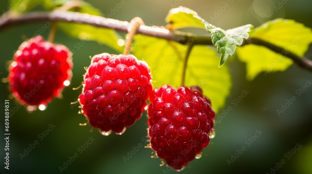 Poster a pair of respberries with a defocussed natural backdrop hanging on a branch - ai generative