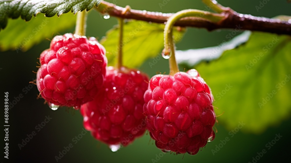 Poster a pair of respberries with a defocussed natural backdrop hanging on a branch - ai generative