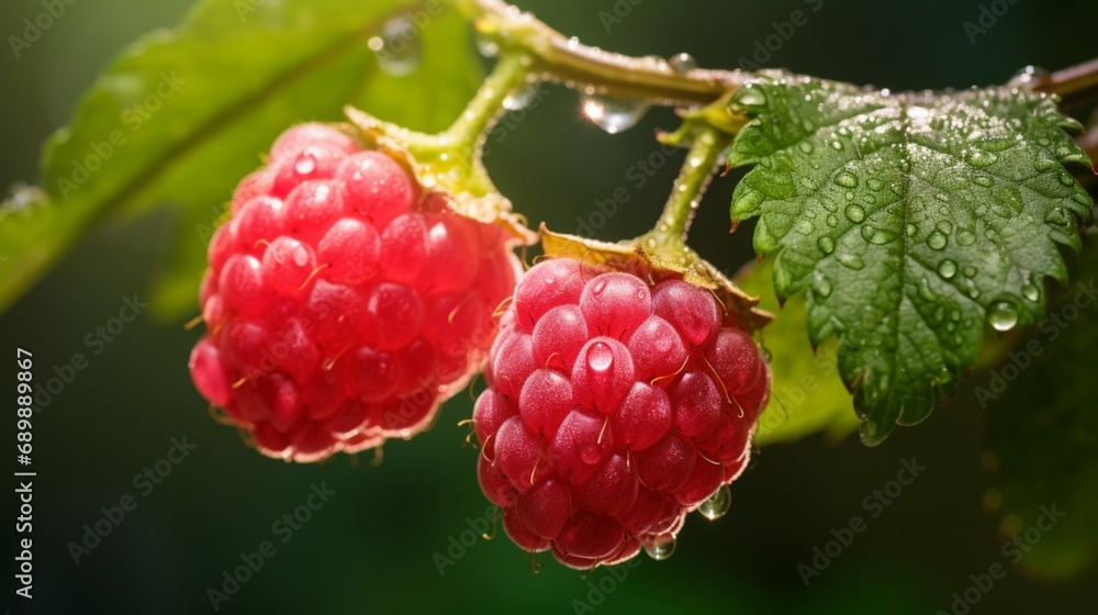 Poster a pair of respberries with a defocussed natural backdrop hanging on a branch - ai generative