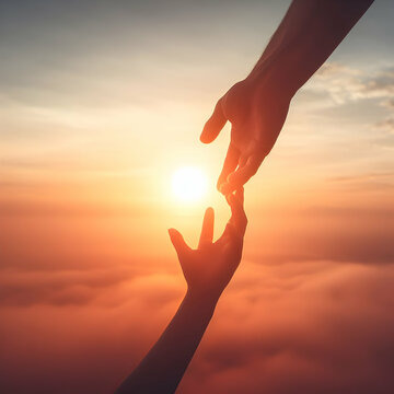 A Man and a Woman's Hands Reaching out to Help Each Other a Sunset
