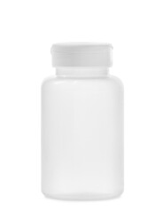 White plastic bottle for pills, vitamin, nutritional supplements on a white background.