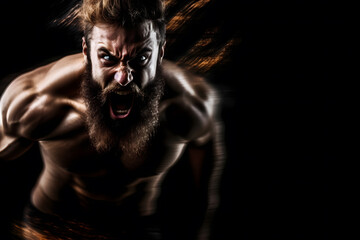 Fototapeta na wymiar bodybuilder athlete screaming on black background. Neural network AI generated art