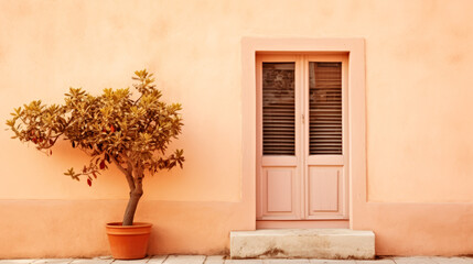 Fototapeta na wymiar A potted plant sitting in front of a door, peach fuzz, color of the year 2024, monochromatic image