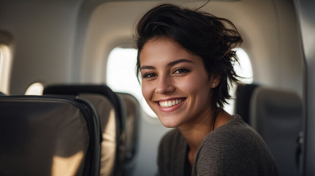 Happy young woman taking a selfie photo with a smart mobile phone boarding a plane, cheerful tourist inside the plane about to take off, travel lifestyle concept , space for text