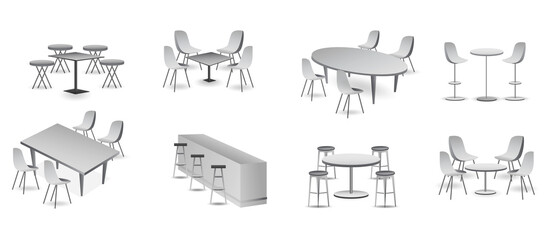 set of realistic trade exhibition chair and table or white blank exhibition kiosk or stand booth corporate commercial. 3D Render