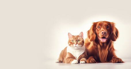 Banner cute dog and cat together isolated on white background, copy space. Pet store, vet clinic, wallpaper