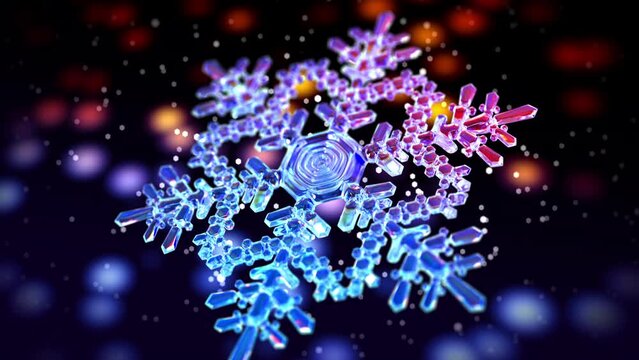Spinning snowflake on magic background. Seamless looping. 4k. 3840x2160. 3D Animation. 