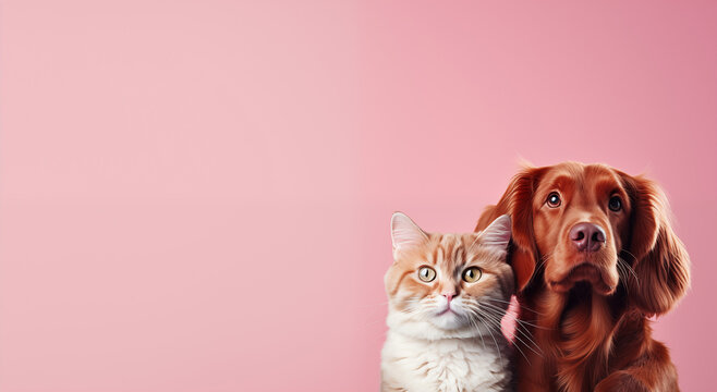 Banner Cute Dog And Cat Together Isolated On Pink Background, Copy Space. Pet Shop, Wallpaper