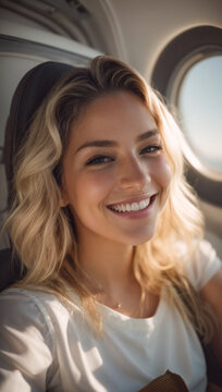 vertical portrait of smiling and happy tourist taking selfie inside the airplane, happy young woman traveling, summer vacation, passenger boarding by plane, free and adventurous lifestyle concept