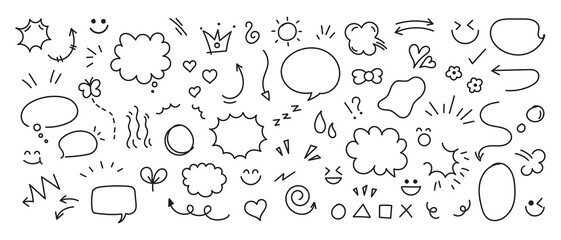 Set of cute pen line doodle element vector. Hand drawn doodle style collection of heart, arrows, scribble, speech bubble, flower, stars, words.