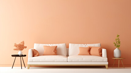A living room with a white couch and orange walls, peach fuzz, color of the year 2024,...