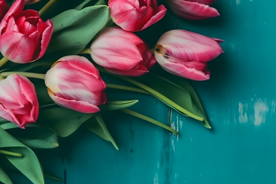 Frame of tulips on turquoise rustic wooden background. Spring flowers. Neural network AI generated art