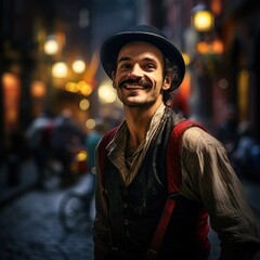A lively man wearing a traditional hat emits happiness as he smiles warmly on a cobbled street illuminated by soft evening light
