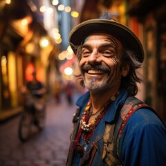 Fototapeta premium Cheerful man with a whimsical mustache and hat beams joyfully on a colorful urban street