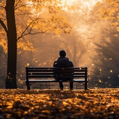 A backlit scene where a man enjoys a quiet autumn moment on a park bench as leaves gently descend around him