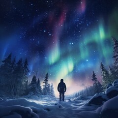 Singular figure stands before a stunning display of the aurora borealis in a snowy forest