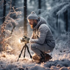 Naklejka premium A focused photographer adjusts a camera on a tripod in a snow-covered environment, surrounded by frosty trees
