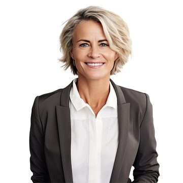 Smiling mature businesswoman photographed on transparent background.