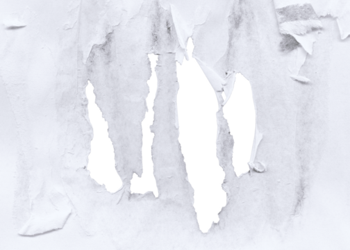 Ripped wrinkled glued paper poster texture. White creased wrinkled peeling weathered empty poster texture. Worn peeling weathered ragged white empty street poster paper background. Glued wallpaper. 