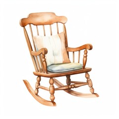 Watercolor a classic wooden rocking chair in a nursery, white background. AI generate
