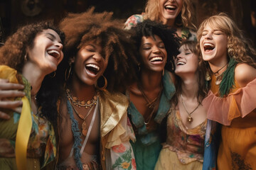 A group of people of different nationalities laughing. Different ages nationalities having fun together, having good time together laughing smiling. Enjoyment, relaxation respect peace. - obrazy, fototapety, plakaty