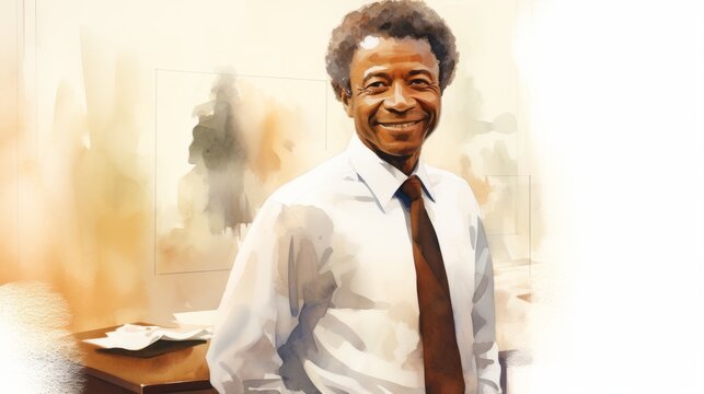 Smiling Old Black Man with Brown Curly Hair Watercolor Illustration. Portrait of a Business person on minimalistic office background. Watercolor Drawing. Ai Generated Horizontal Illustration.