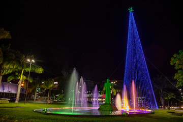 São Francisco Square with Christmas tree and colorful fountain lighting in the city of Bragança Paulita