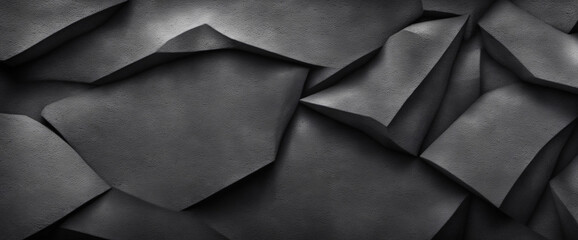 Black and white background. Dark stone grunge background. Mountain texture. Close-up. Wide banner with volumetric rock texture.