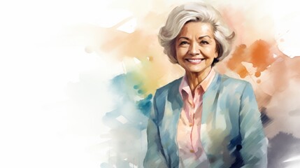Smiling Old Indian Woman with Blond Curly Hair Watercolor Illustration. Portrait of a Business person on minimalistic office background. Watercolor Drawing. Ai Generated Horizontal Illustration.