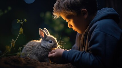 Naklejka premium A young boy is petting a rabbit in the dark. Generative AI.