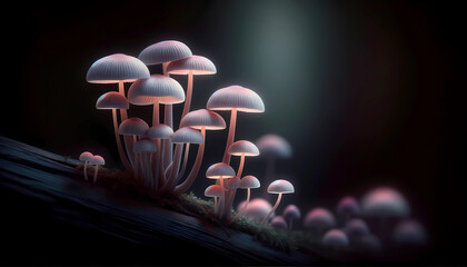 wallpaper pink mushrooms on a trunk, black background, close up, black background 4K wallpaper