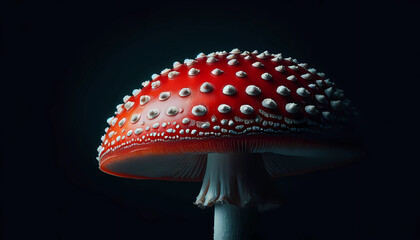 Fly Agaric mushroom (Amanita muscaria), showing its characteristic red cap with white spots, close up, black background 4K wallpaper	 - Powered by Adobe