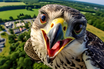 drone-view of funniest falcon - obrazy, fototapety, plakaty